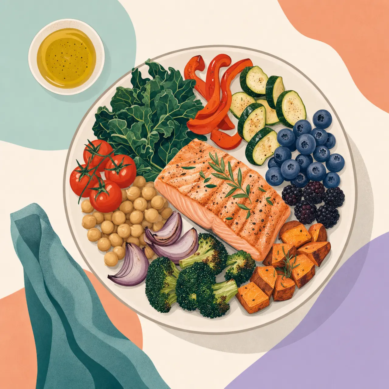 Illustration of a colorful anti-inflammatory meal for lipedema