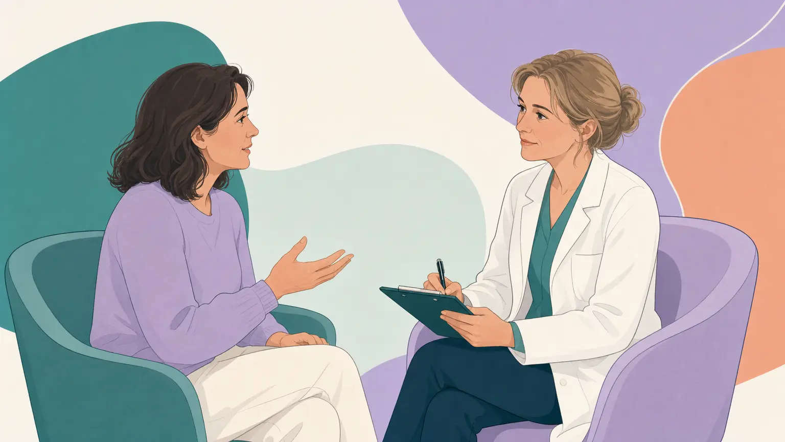 Illustration of a woman talking with an attentive doctor about lipedema